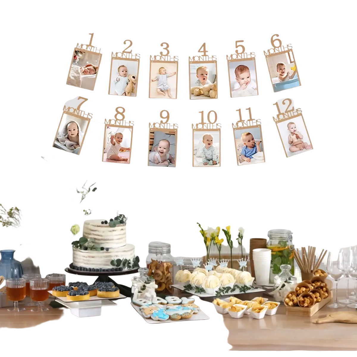 Decorative wooden 1st birthday photo banner displaying monthly milestone pictures from 1 to 12 months in frames