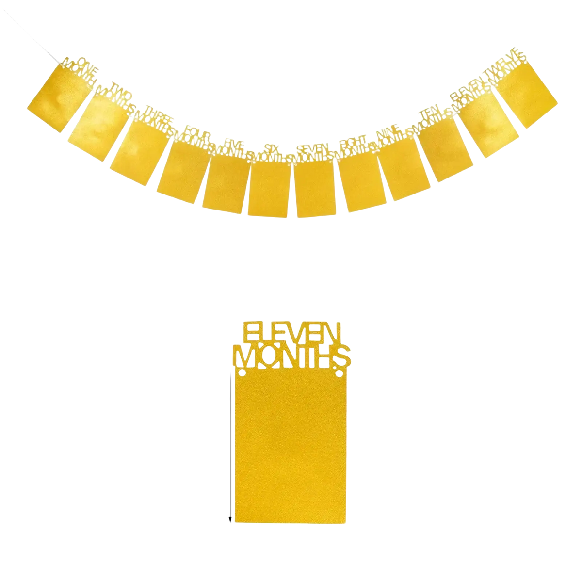 Gold glittery 1st birthday photo banner with numbered slots for monthly milestone pictures garland
