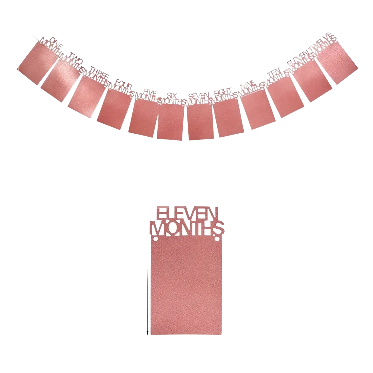Rose gold metallic 1st birthday photo banner with cut-out numbers and eleven months monthly picture garland panel