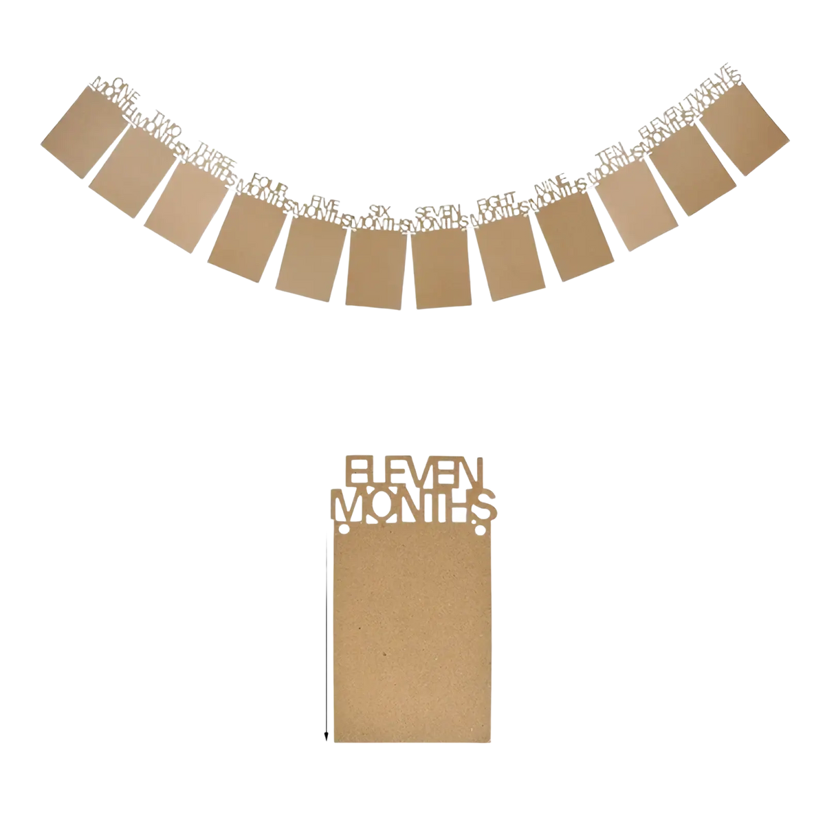 A rustic brown cardboard 1st birthday photo banner with cut-out numbers one to twelve and eleven months card garland