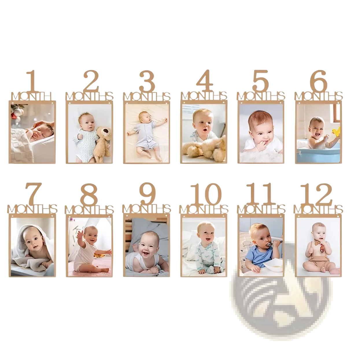 Wooden baby milestone photo frame set with numbered slots 1 to 12 for 1st birthday monthly picture garland