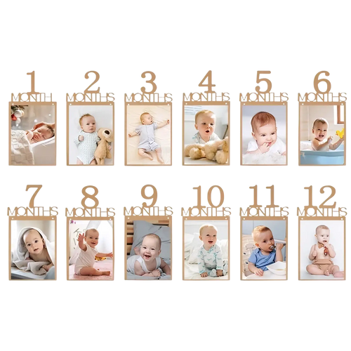 Wooden baby milestone photo frame set with numbered slots 1 to 12 for 1st birthday monthly picture garland