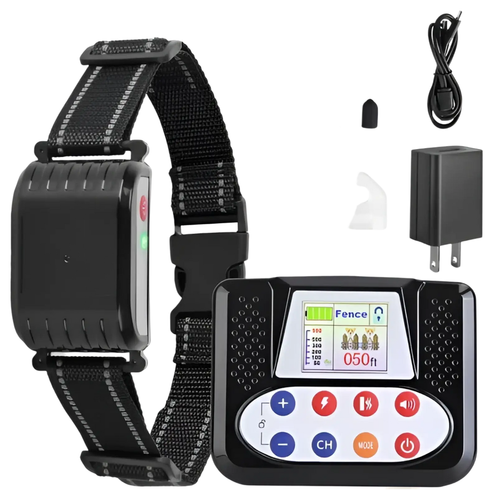 Black 2-in-1 wireless dog fence and remote training collar with color screen control unit and reflective stitching collar