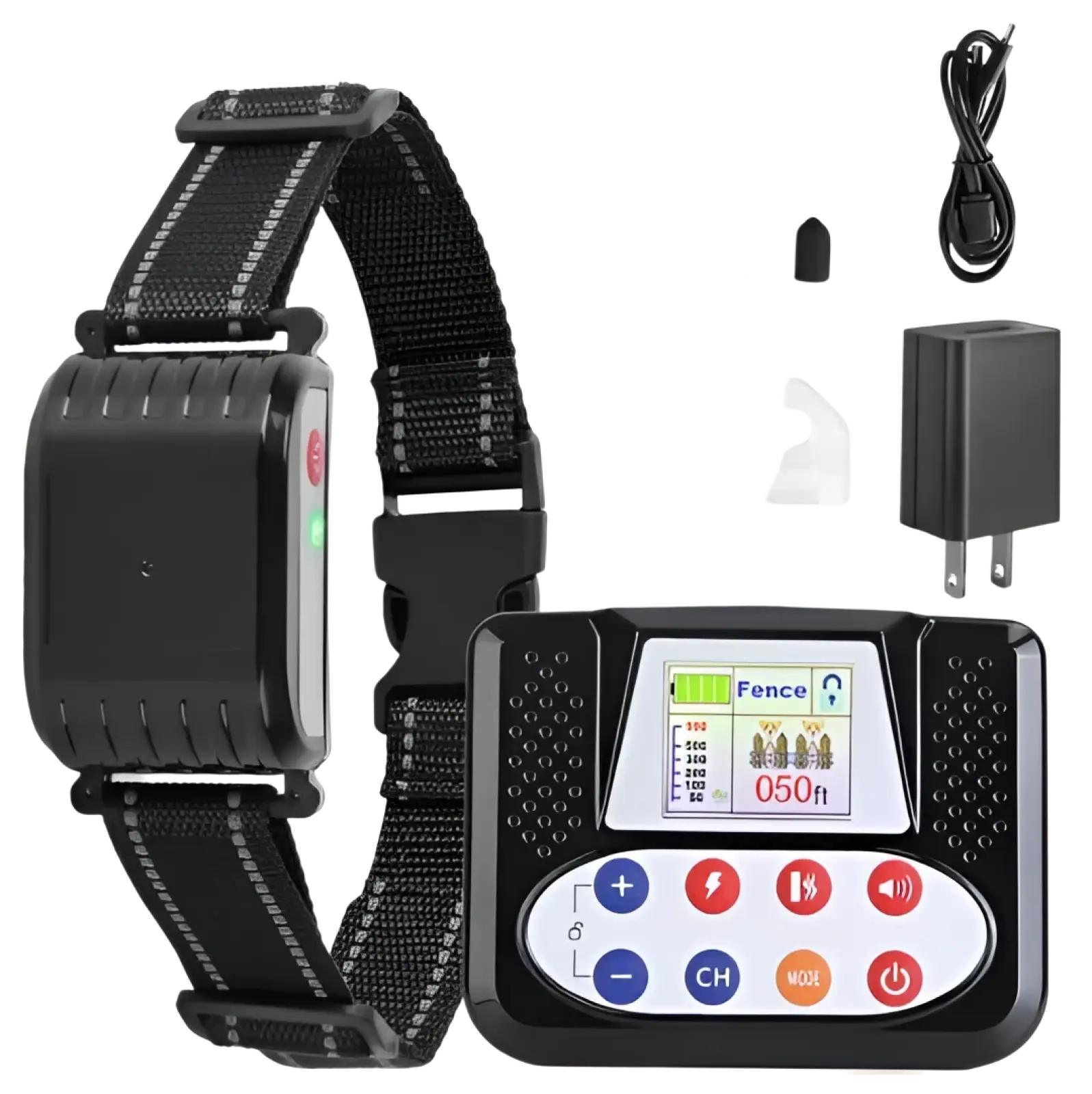 Black 2-in-1 wireless dog fence and remote training collar with color screen control unit and reflective stitching collar