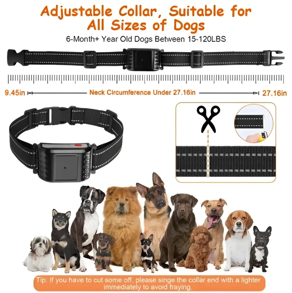 Black adjustable dog collar with white stitching and electronic control unit for 2-in-1 wireless fence and training use
