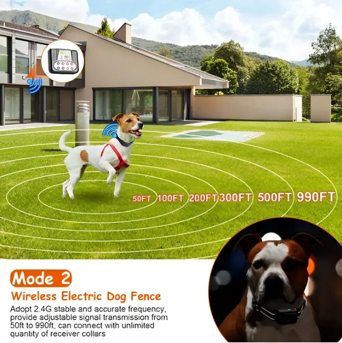 Wireless electric dog fence collar with adjustable range and 2.4g stable frequency for pet safety in black design