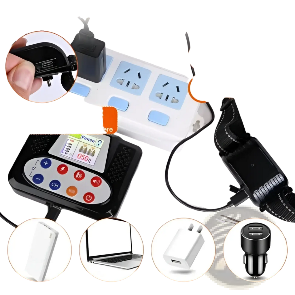 Black rectangular wireless dog fence and training collar transmitter with blue and red buttons type-c port and display