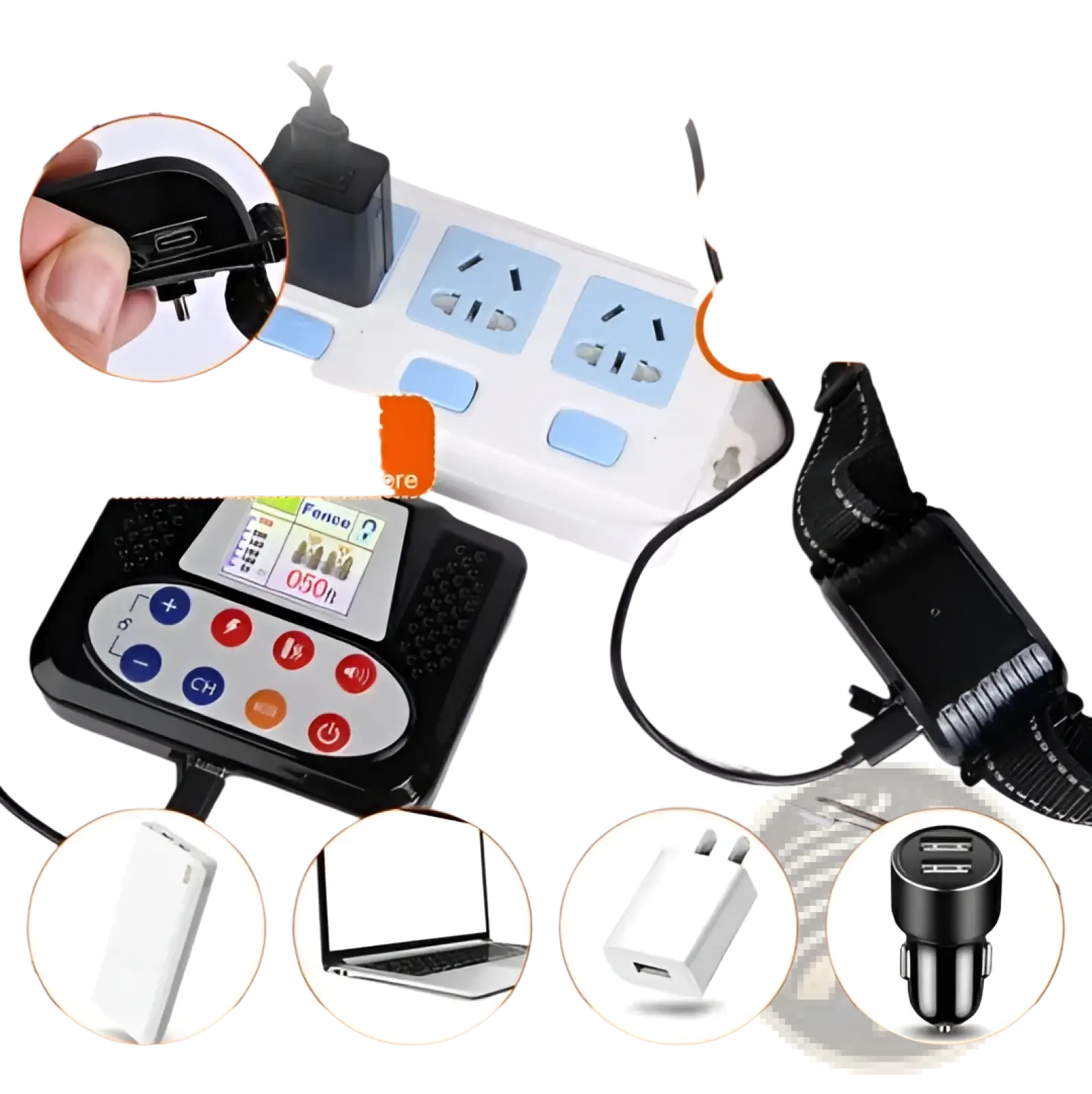 Black rectangular wireless dog fence and training collar transmitter with blue and red buttons type-c port and display
