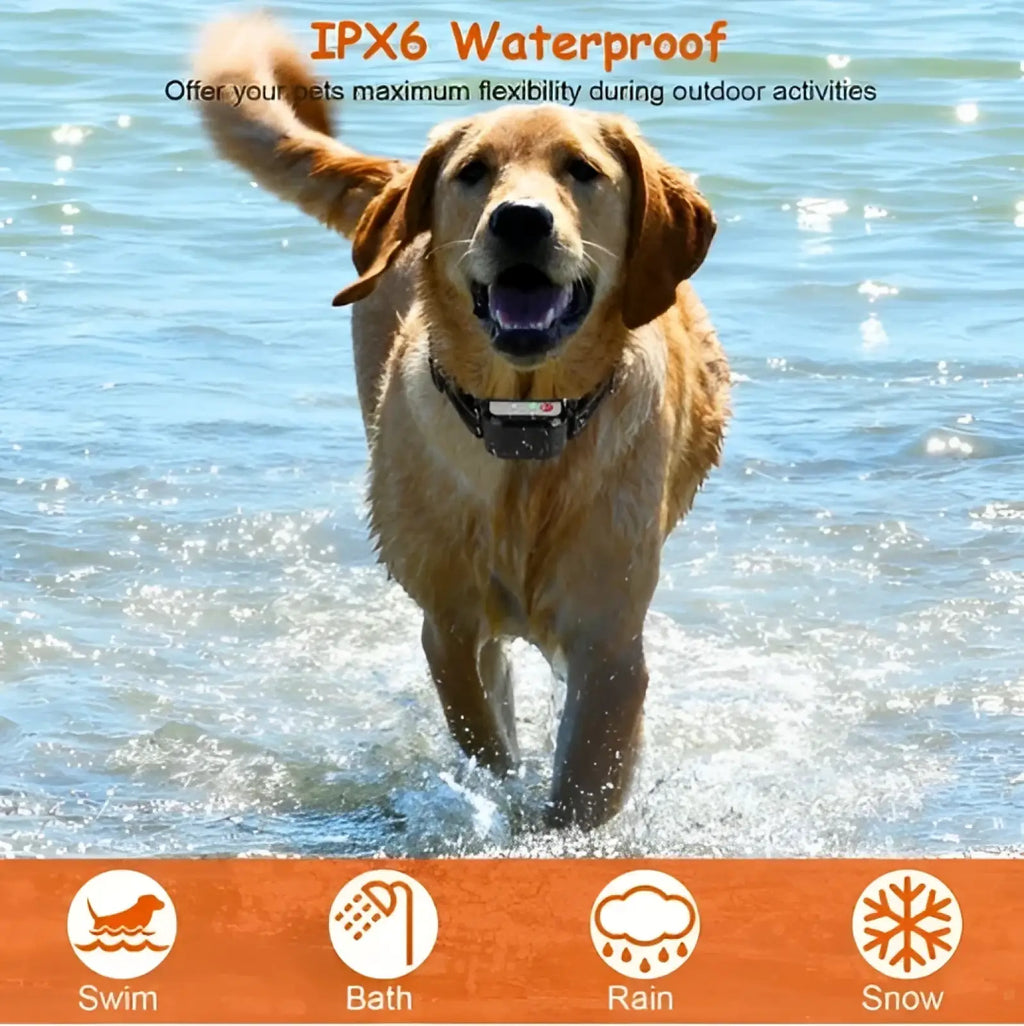 A black waterproof dog collar with a sleek compact tracker for 2-in-1 wireless fence and remote training ipx6