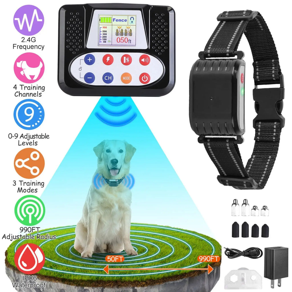 Black 2-in-1 wireless dog fence and remote training collar with control unit adjustable levels and waterproof design