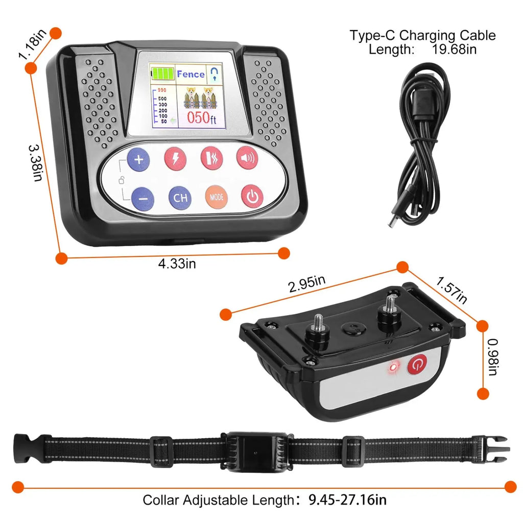 Black plastic 2-in-1 wireless dog fence and remote training collar with digital display button panel collar and charger cable