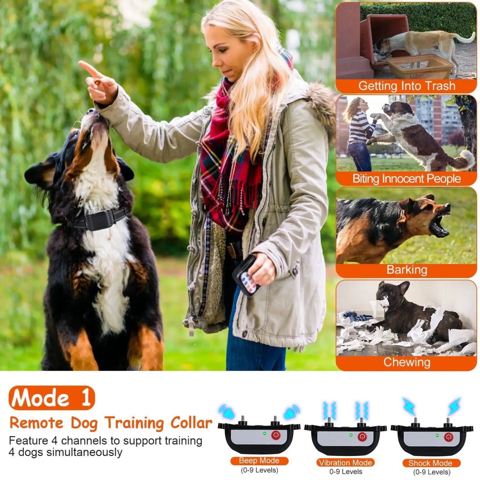 Black remote training collar with adjustable strap and control panel for multiple dogs in 2-in-1 wireless dog fence system