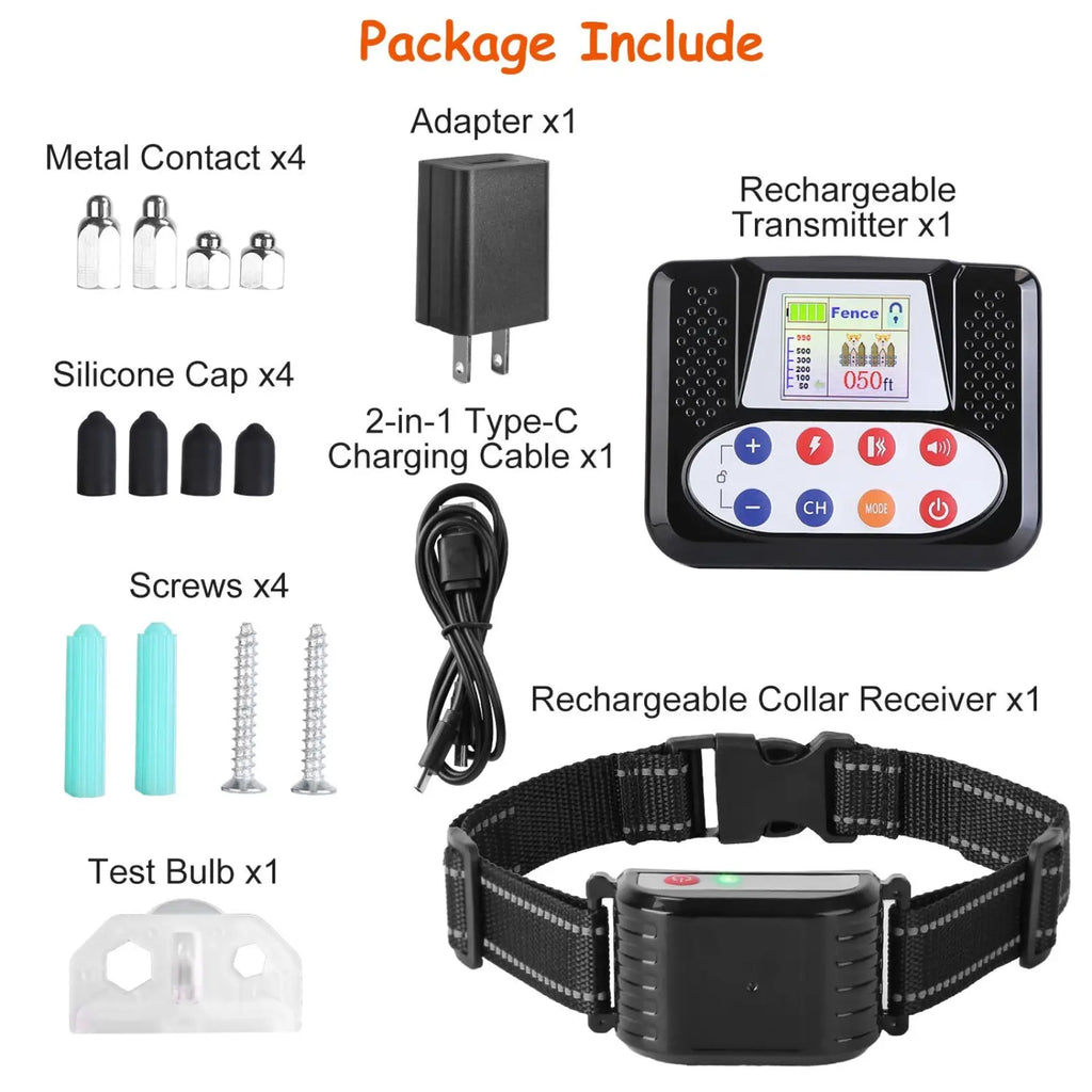 Black rechargeable collar receiver with green indicator light and textured black strap for 2-in-1 wireless dog fence and remote training collar