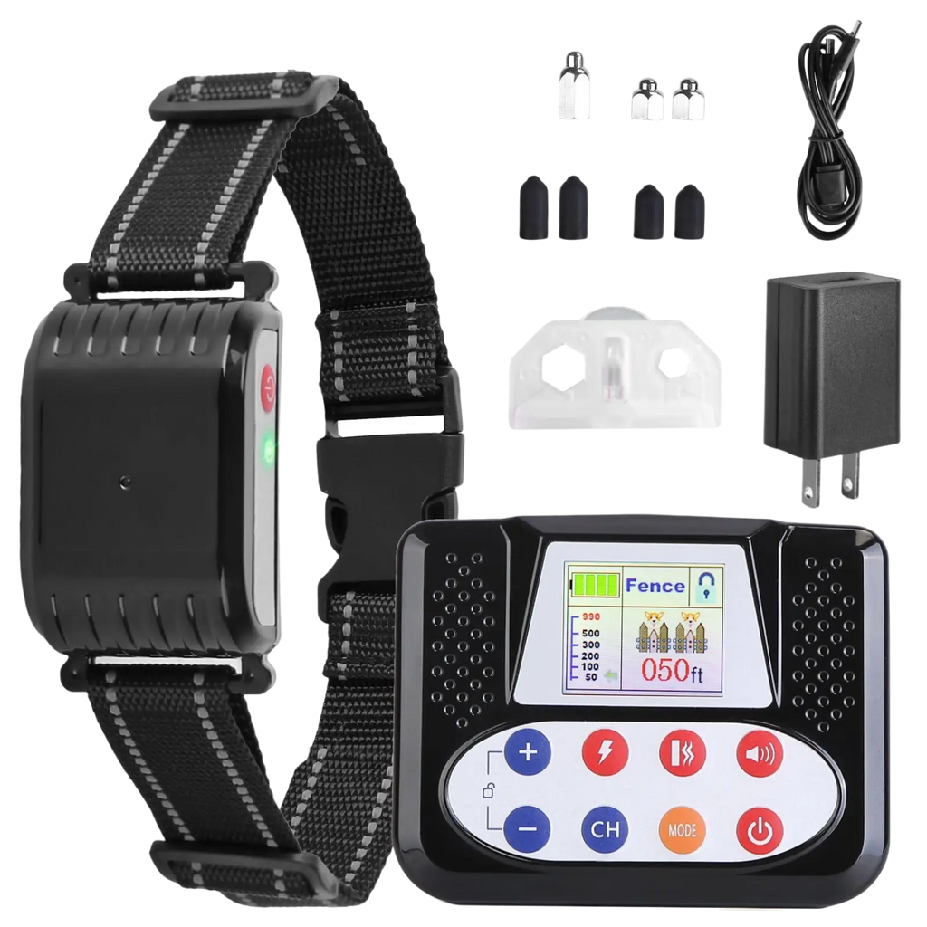 Black electronic 2-in-1 wireless dog fence and remote training collar with digital display showing 50ft range