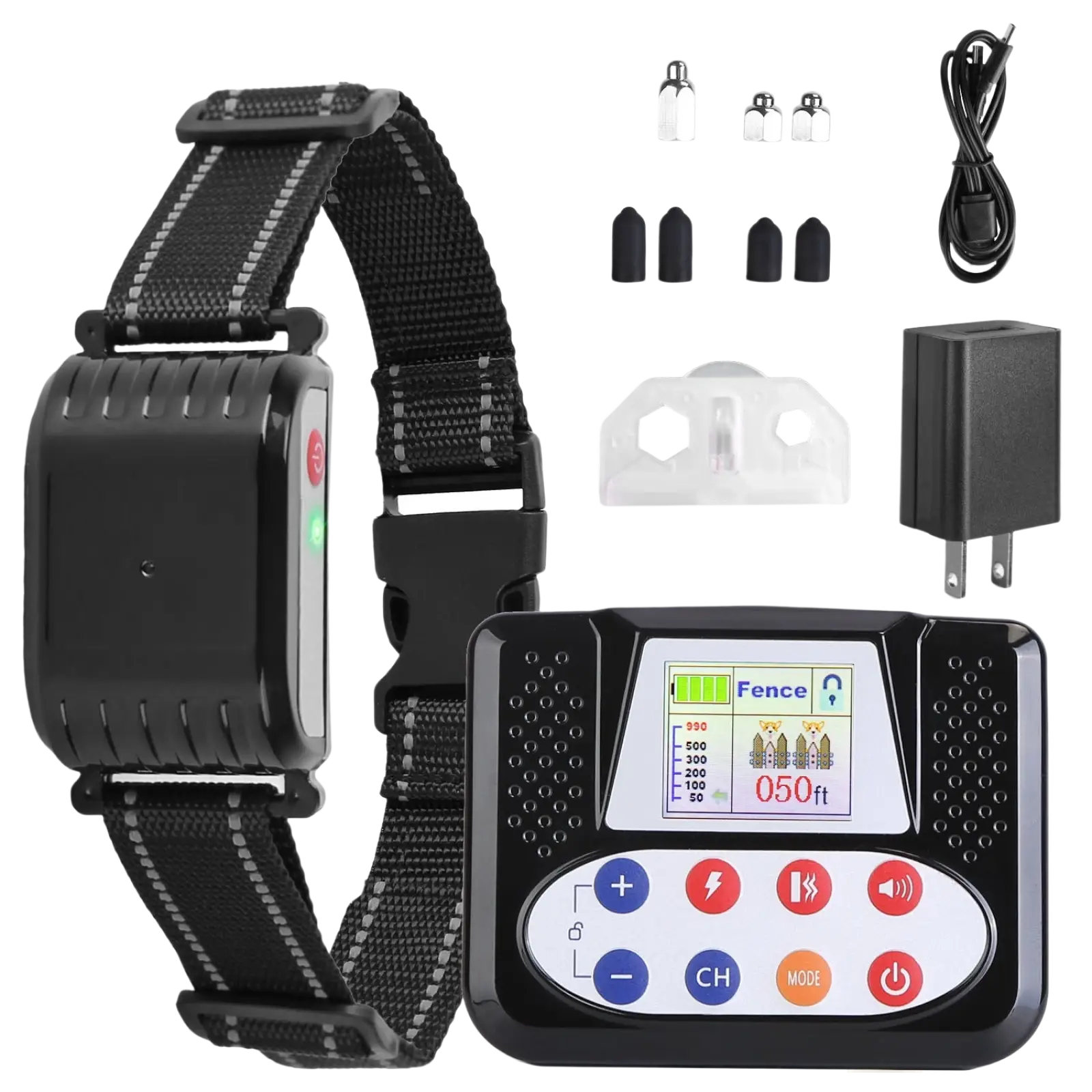 Black electronic 2-in-1 wireless dog fence and remote training collar with digital display showing 50ft range