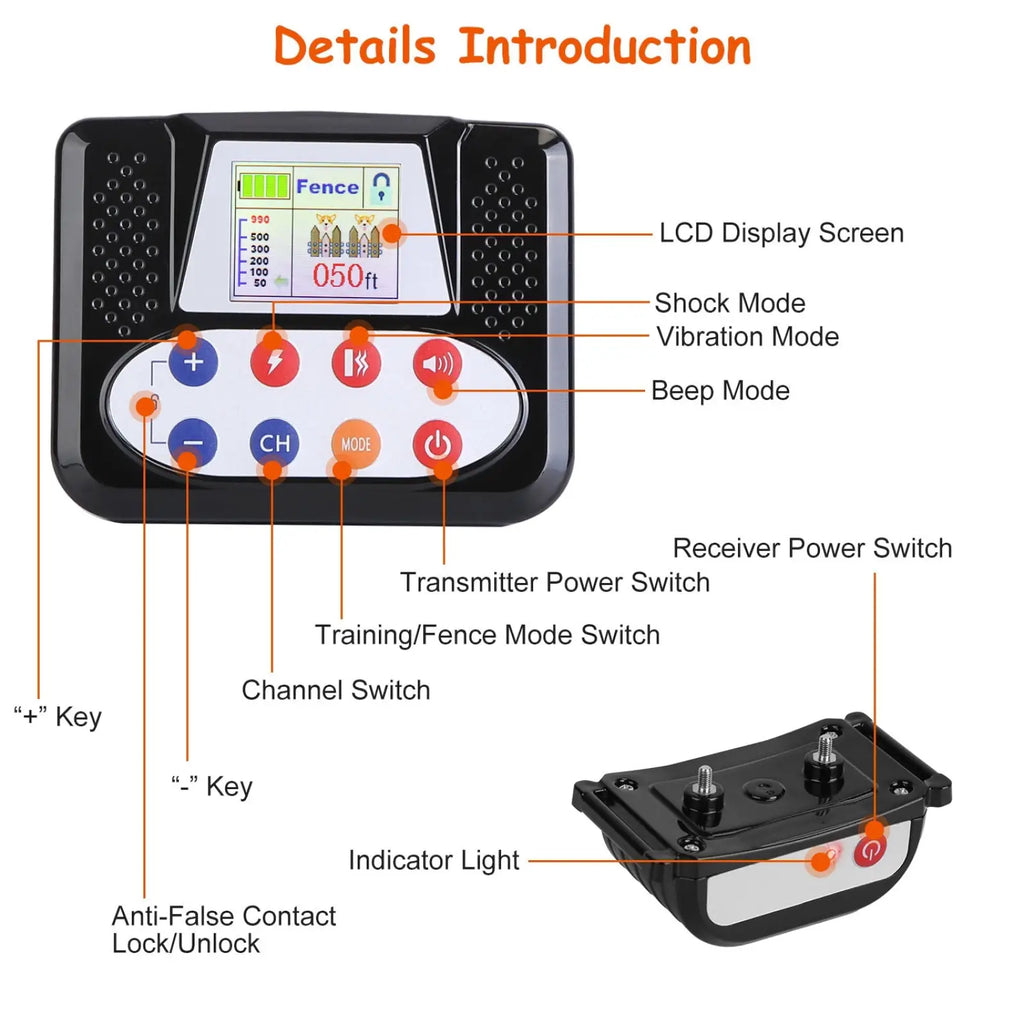 Black plastic 2-in-1 wireless dog fence transmitter with color lcd screen and multiple control buttons for training