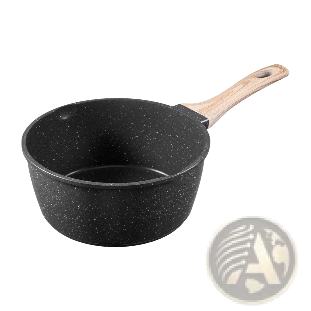 Black speckled 2.5 qt nonstick saucepan with detachable light wood handle for easy cooking and cleaning