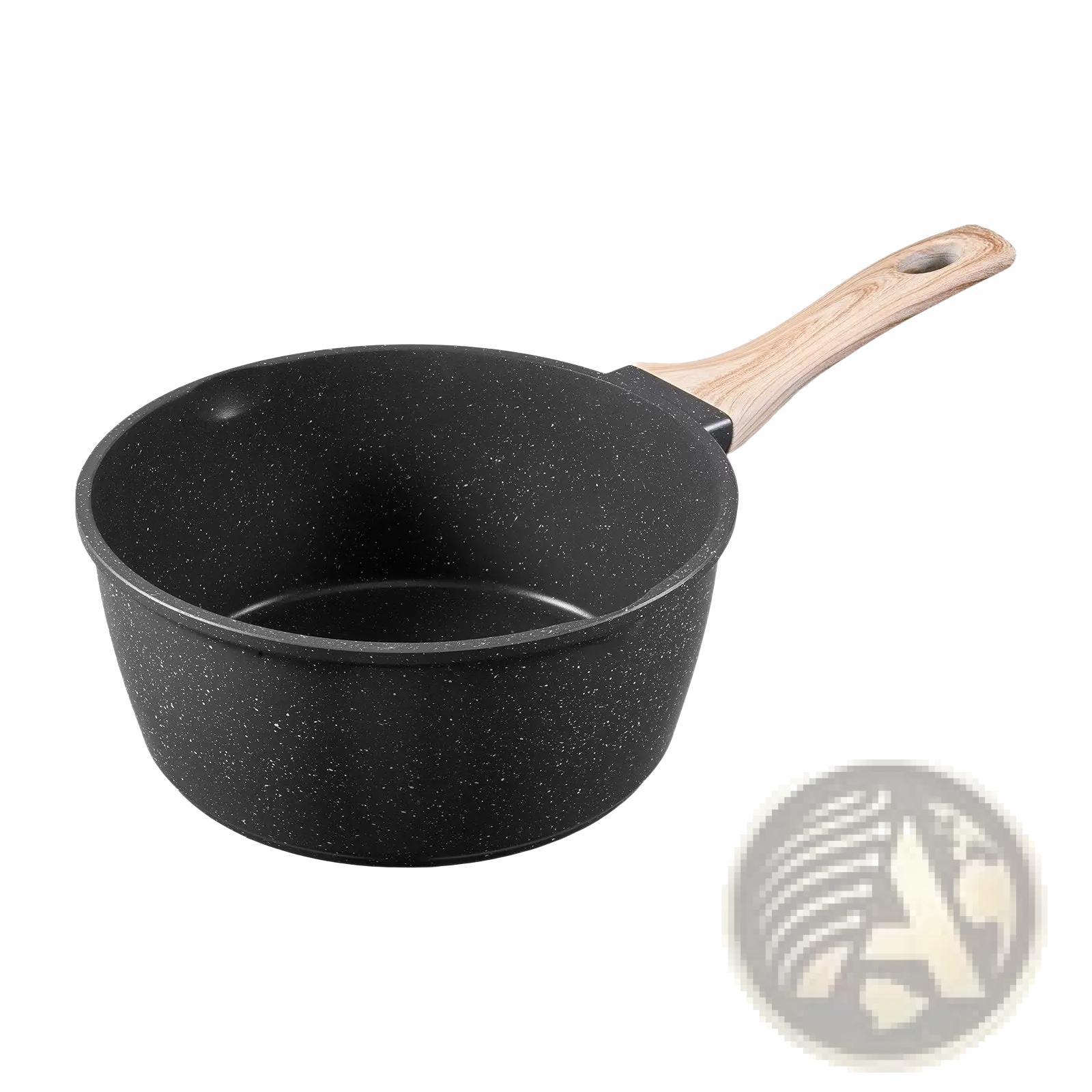 Black speckled 2.5 qt nonstick saucepan with detachable light wood handle for easy cooking and cleaning