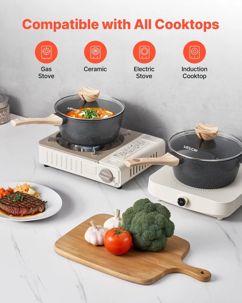 Black speckled levoo 2.5 qt nonstick saucepan with wooden handle and lid featuring a detachable handle design