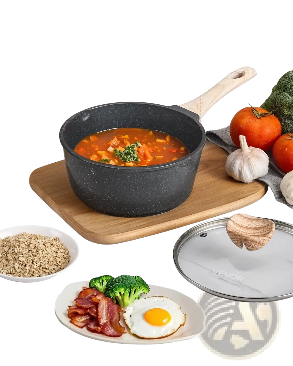 Black speckled 2.5 qt nonstick saucepan with wooden handle and glass lid with wood textured knob by mevor