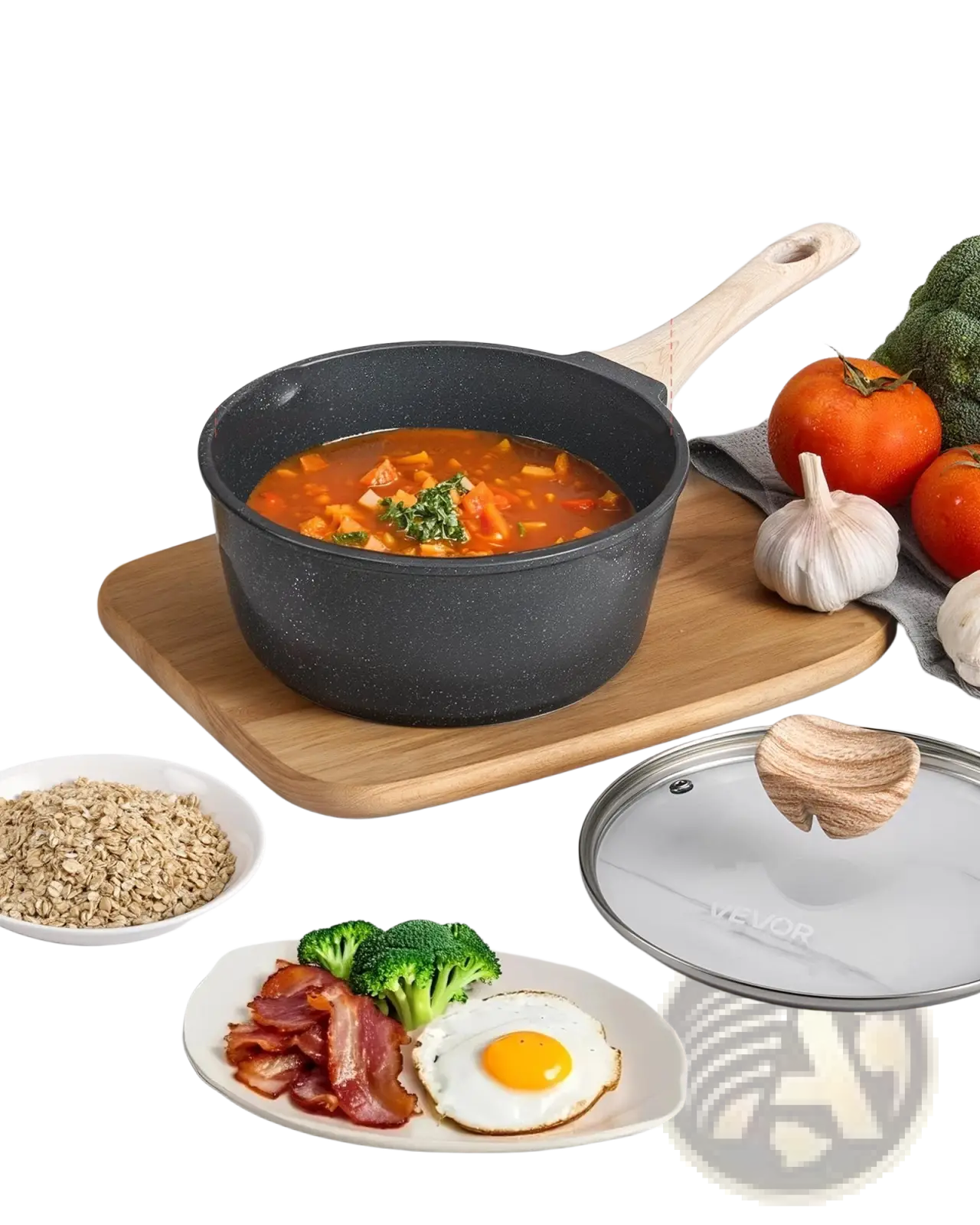Black speckled 2.5 qt nonstick saucepan with wooden handle and glass lid with wood textured knob by mevor