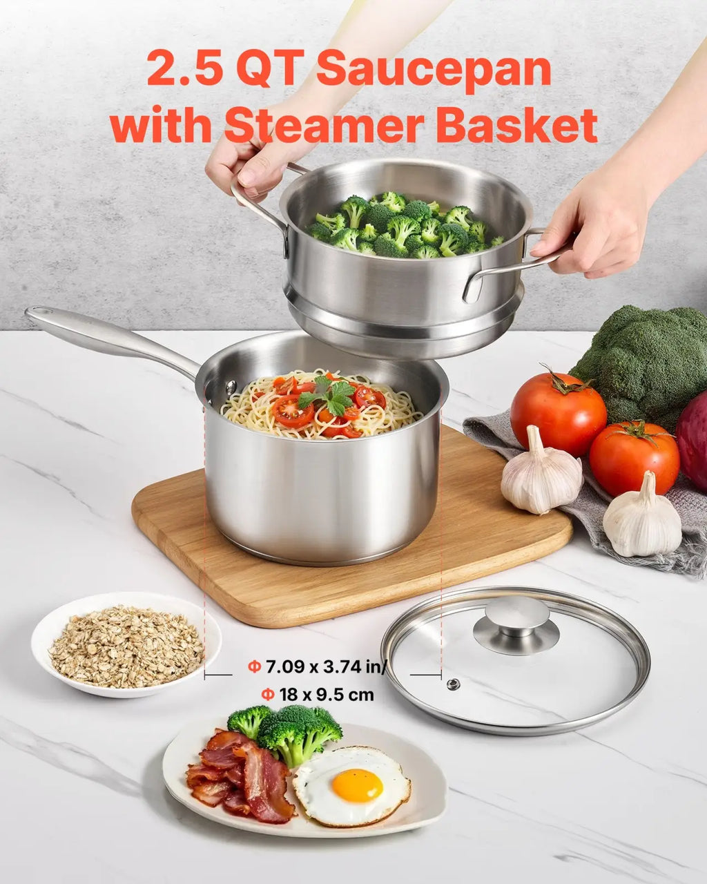 2.5 qt stainless steel saucepan with steamer basket featuring sleek metallic finish and dual handles for easy handling