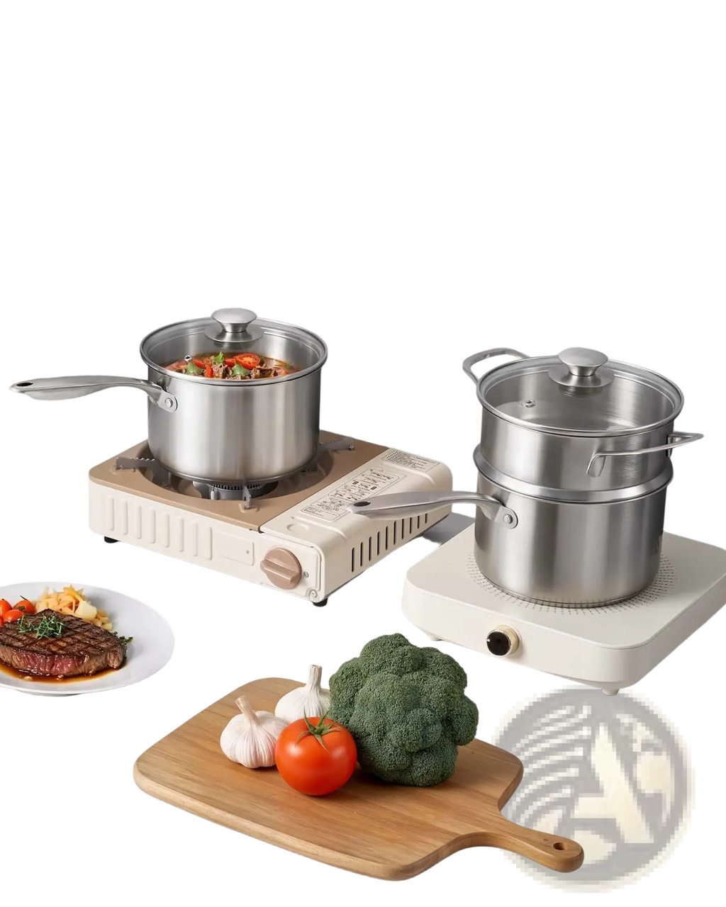 2.5 qt stainless steel saucepan with double-tiered steamer basket clear glass lid and sturdy handles