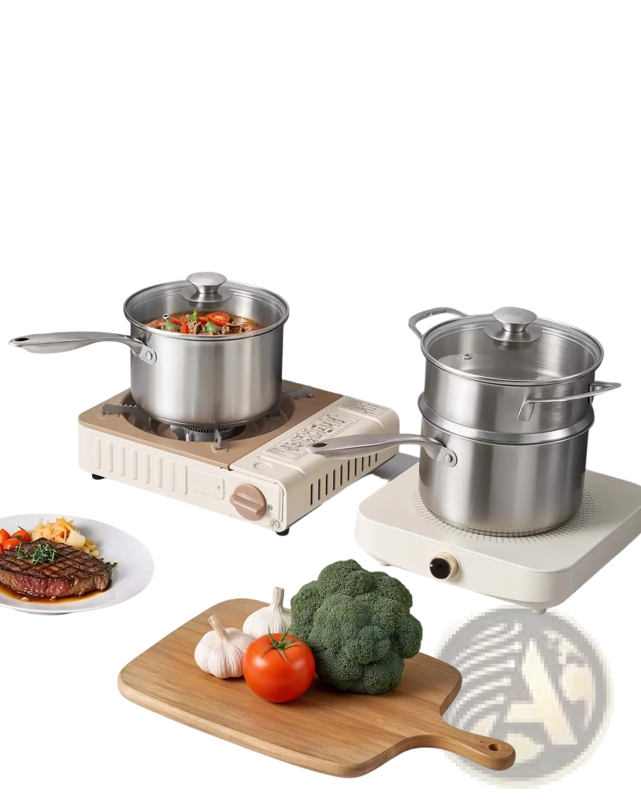 2.5 qt stainless steel saucepan with double-tiered steamer basket clear glass lid and sturdy handles