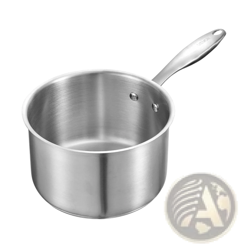 2.5 qt stainless steel saucepan with steamer basket featuring a brushed finish and an ergonomic handle