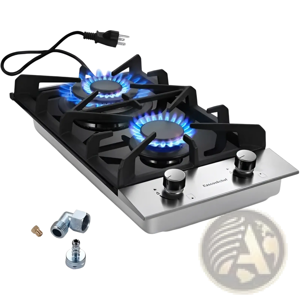2 burner stainless steel gas cooktop with black cast iron grates and two blue-burning burners for efficient cooking
