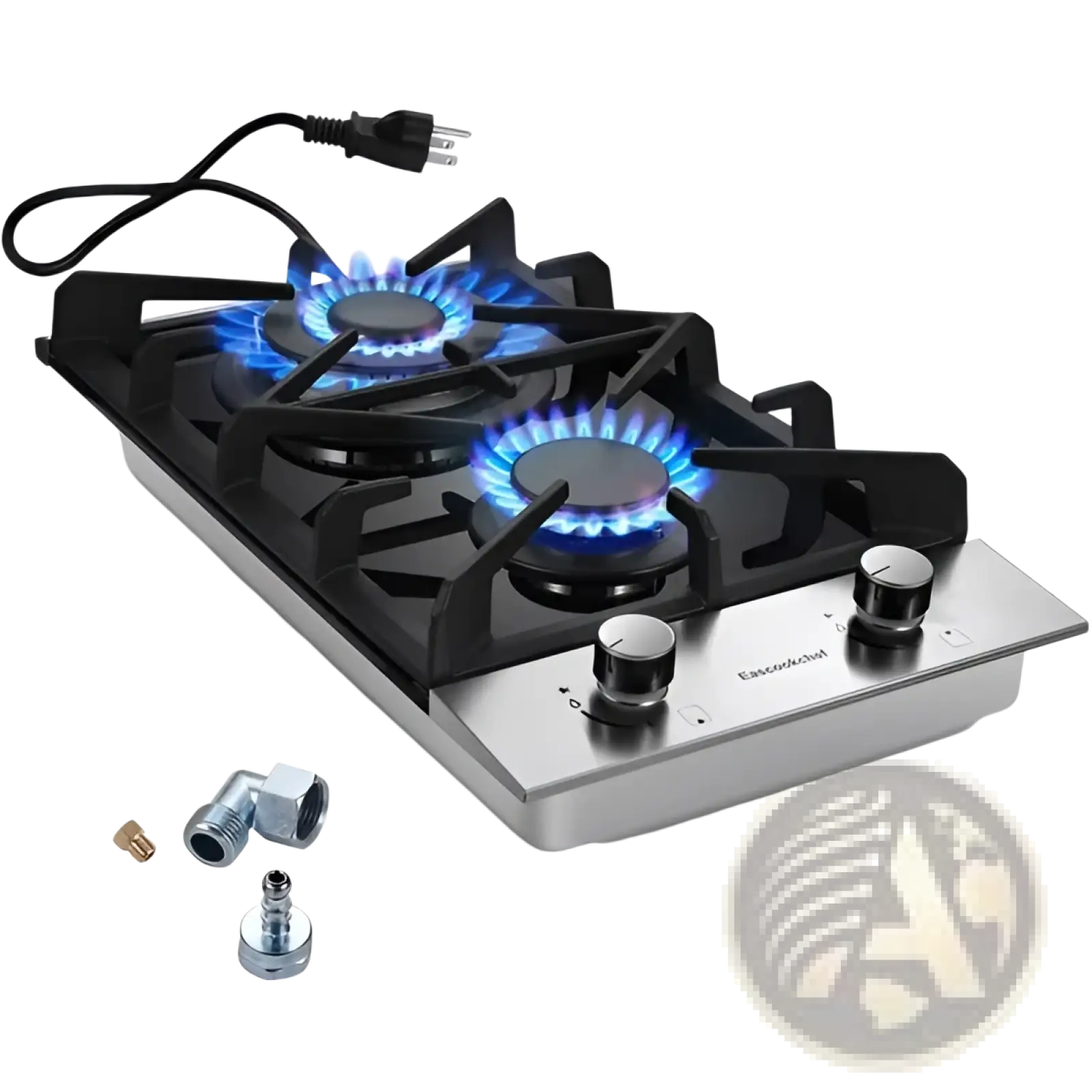 2 burner stainless steel gas cooktop with black cast iron grates and two blue-burning burners for efficient cooking