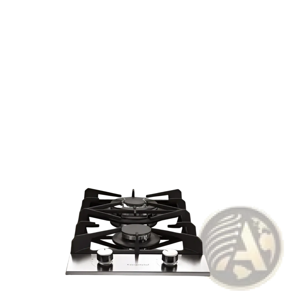 2 burner stainless steel gas cooktop with black grates and two burners for efficient cooking