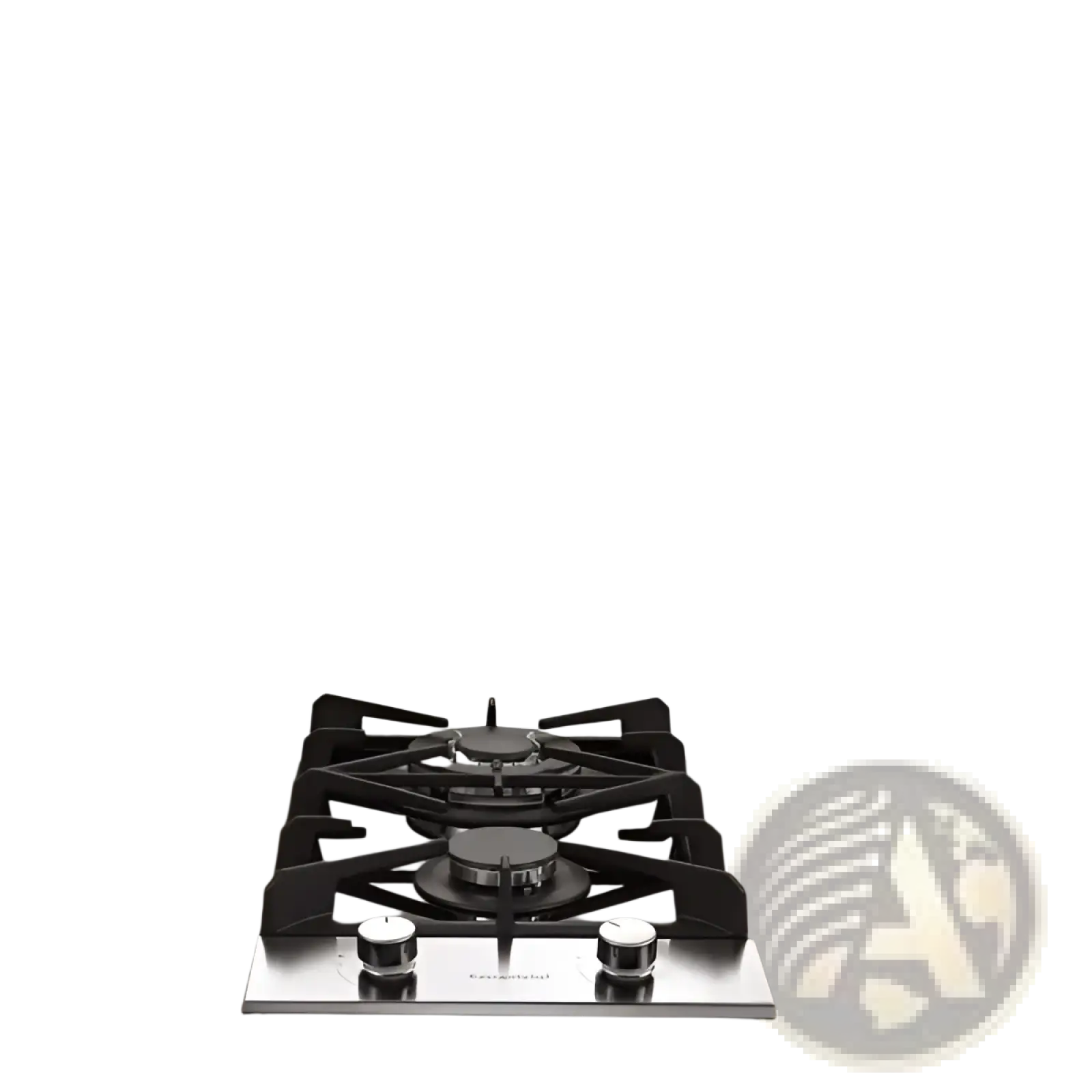 2 burner stainless steel gas cooktop with black grates and two burners for efficient cooking