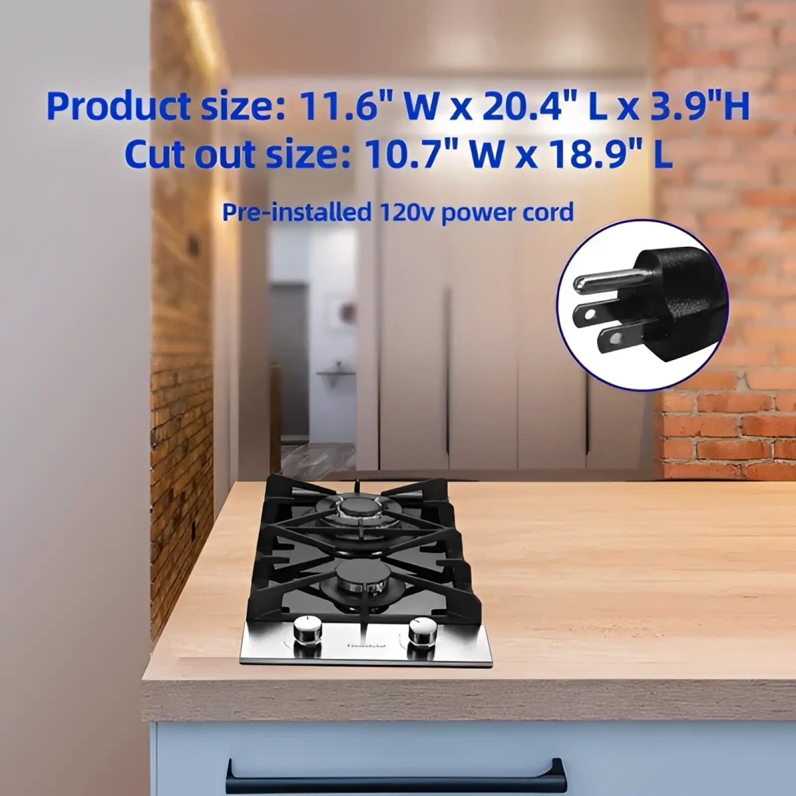 2 burner stainless steel gas cooktop with black grates and two burners for efficient cooking