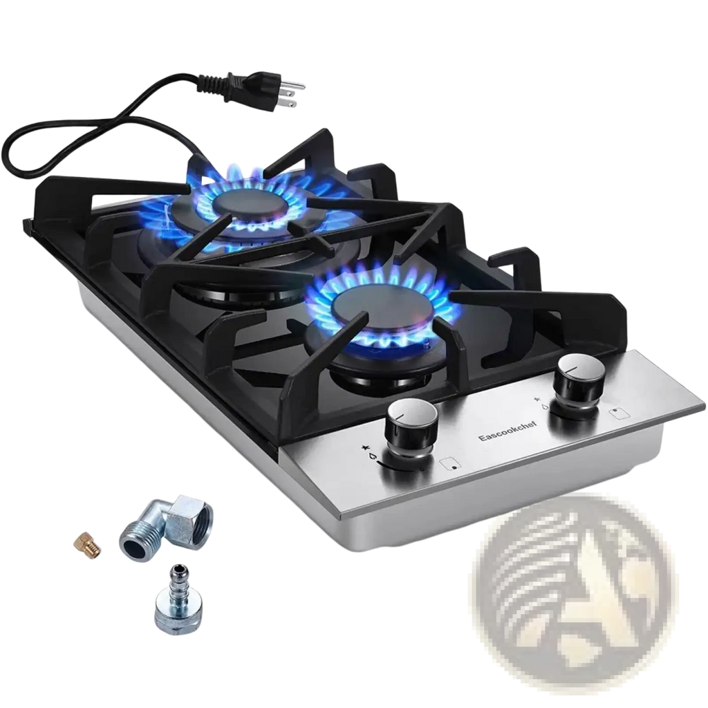 2 burner stainless steel gas cooktop with black cast iron grates and two blue-burning burners for cooking use