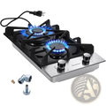 2 burner stainless steel gas cooktop with black cast iron grates and two blue-burning burners for cooking use