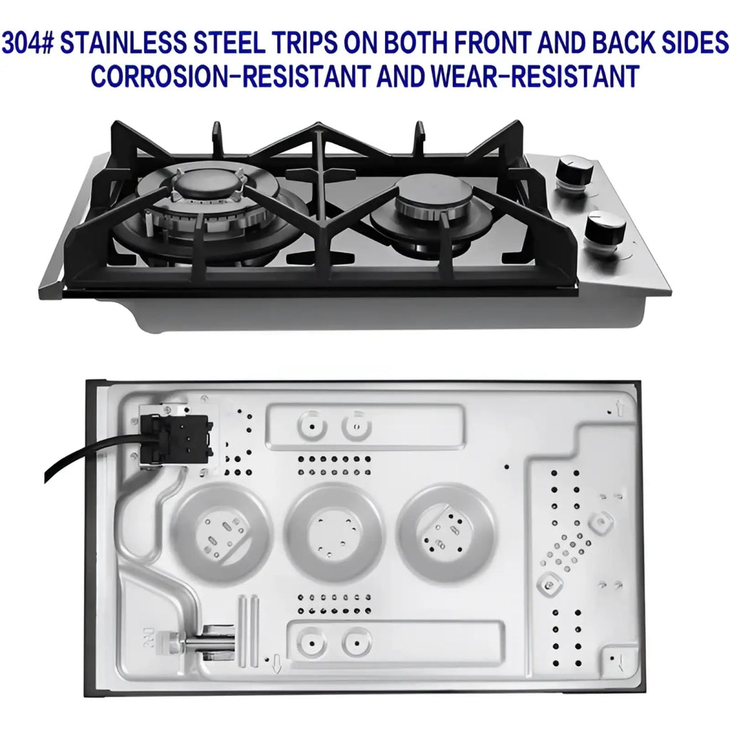 Stainless steel 2 burner gas cooktop with black grates designed for efficient cooking and durability