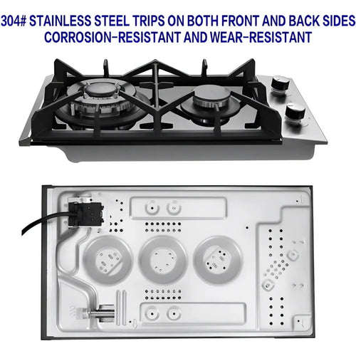 Stainless steel 2 burner gas cooktop with black grates designed for efficient cooking and durability