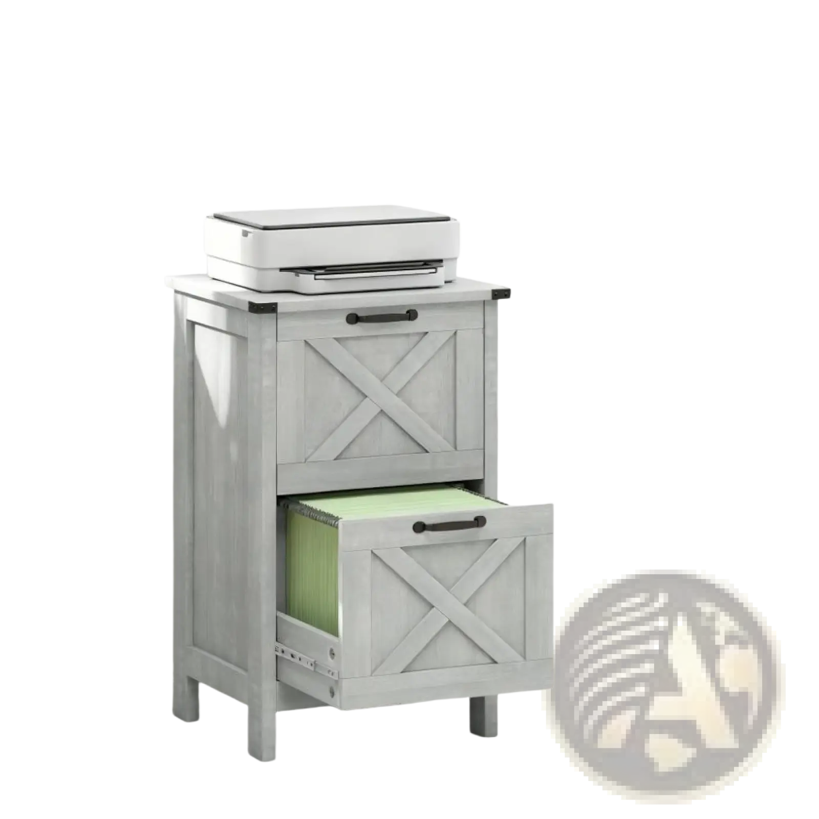 Gray farmhouse-style two-drawer file cabinet with x-shaped paneling and black hardware topped by white printer