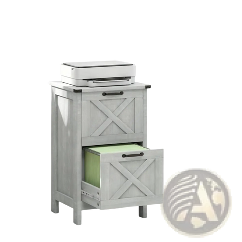 Gray farmhouse-style two-drawer file cabinet with x-shaped paneling and black hardware topped by white printer