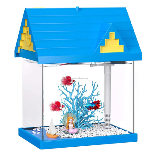 2 gallon acrylic fish tank starter kit with filter featuring a blue and yellow house-shaped design and decorative coral and figurines