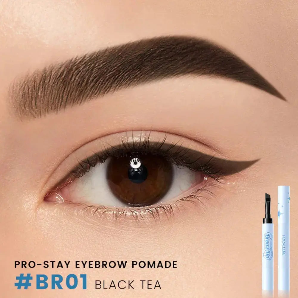 Focallure 2-in-1 waterproof eyebrow gel and eyeliner pencil in black tea color in a white tube with blue branding
