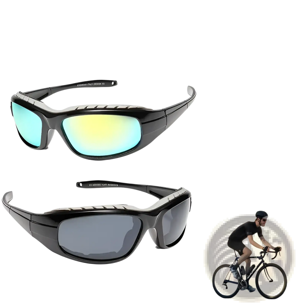 Black sport sunglasses with uv400 blue and yellow mirror lenses designed for outdoor motorcycle riding activities