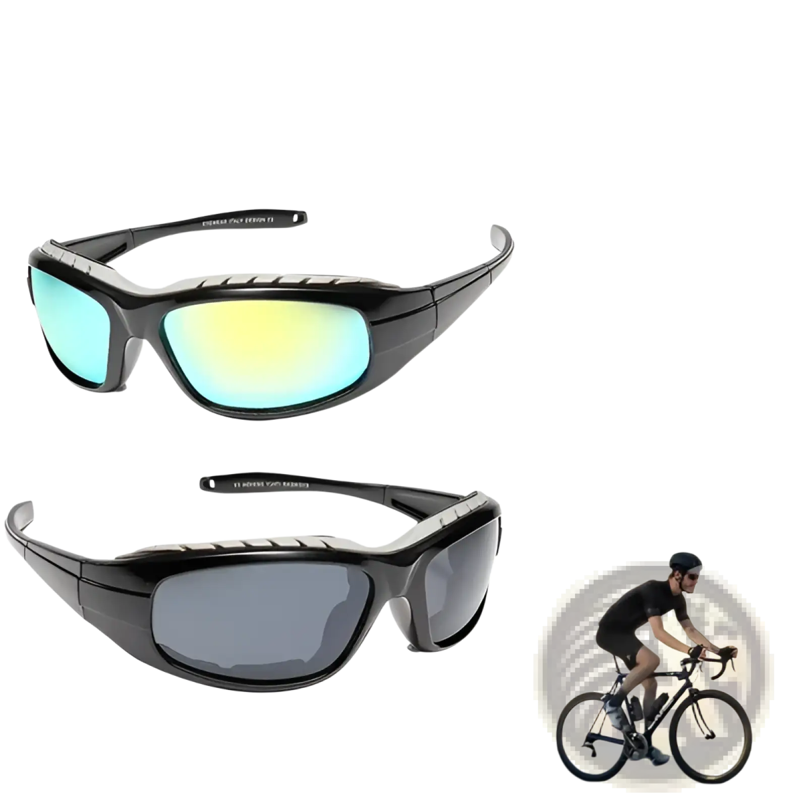 Black sport sunglasses with uv400 blue and yellow mirror lenses designed for outdoor motorcycle riding activities