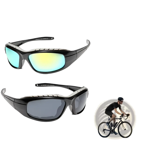 Black sport sunglasses with uv400 blue and yellow mirror lenses designed for outdoor motorcycle riding activities