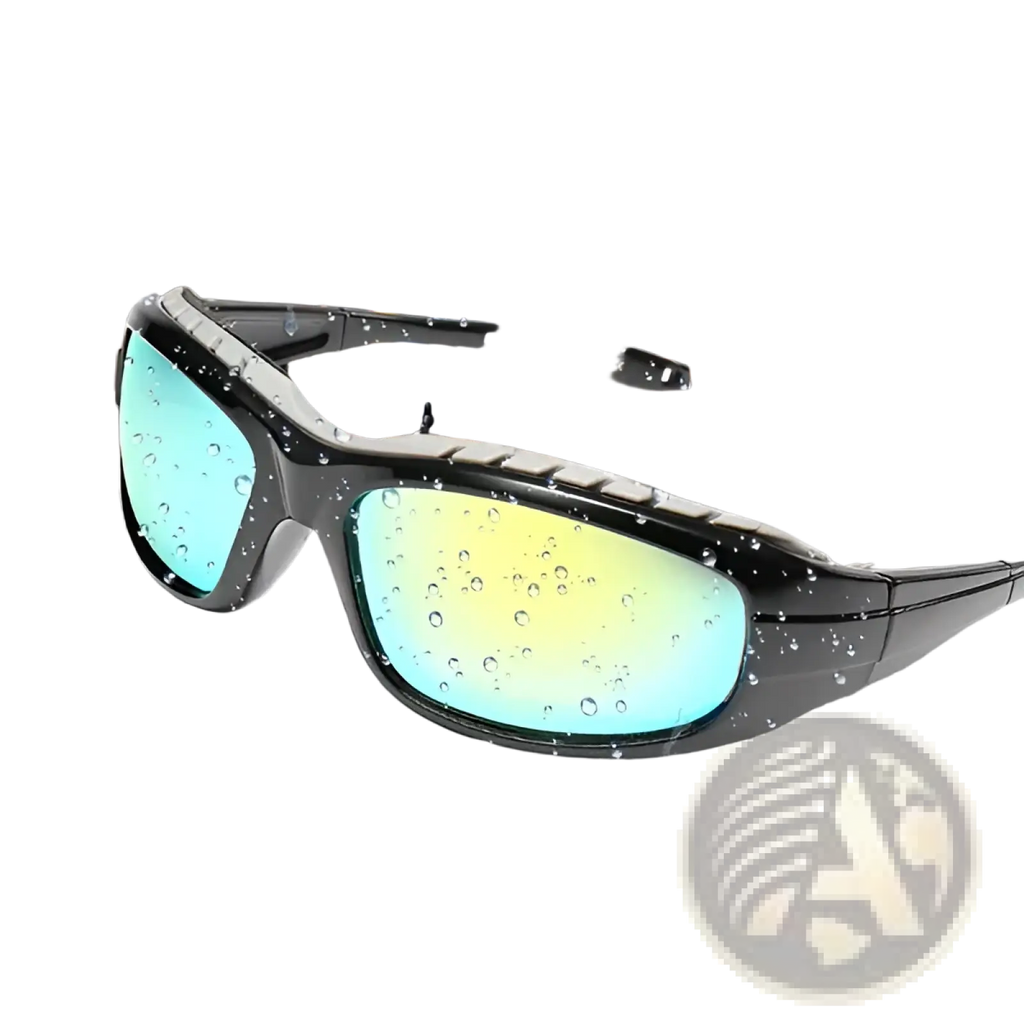 Black-framed sport sunglasses with uv400 gradient blue and yellow mirrored lenses designed for cycling in wet conditions