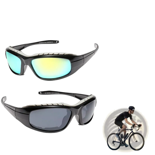 Black-framed sport motorcycle riding glasses with uv400 gradient blue and yellow mirrored lenses padded in 2 pack
