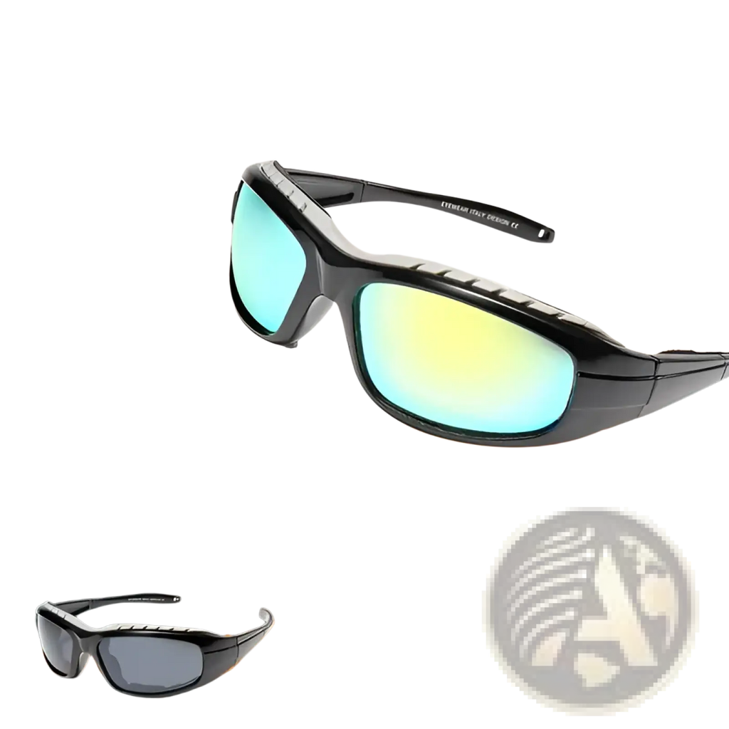 Black-framed sport motorcycle riding glasses with uv400 padded blue and yellow gradient mirror lenses pack of 2