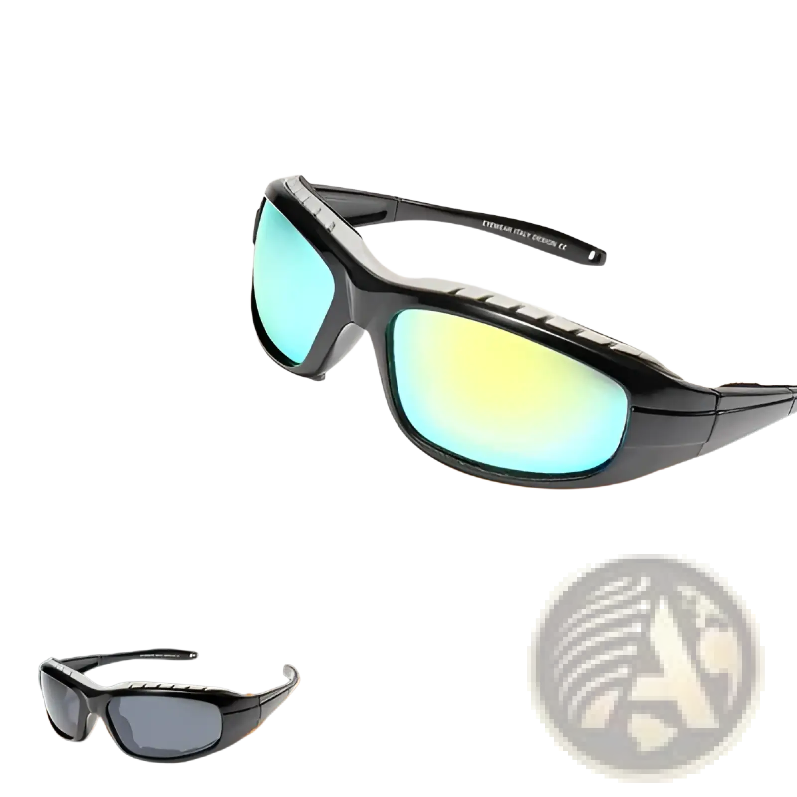 Black-framed sport motorcycle riding glasses with uv400 padded blue and yellow gradient mirror lenses pack of 2