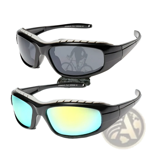 Black-framed polarized windproof sports riding sunglasses with reflective gray and gradient blue-to-yellow lenses